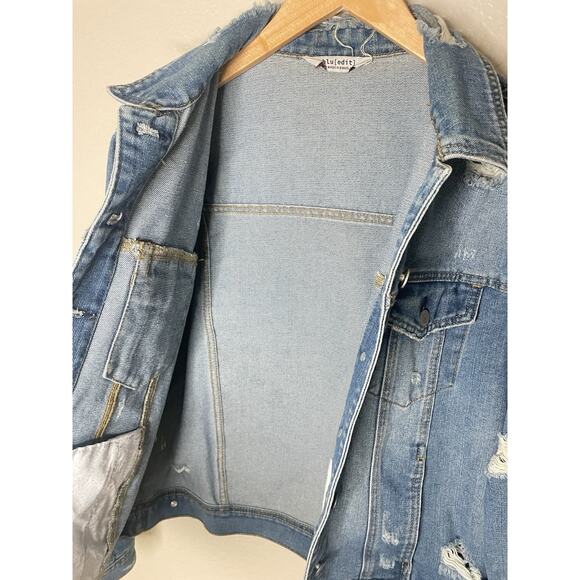 Blu[edit] Distressed Denim Jean Jacket M Graphic Comic Book Pop Art 90s Style - Picture 8 of 11